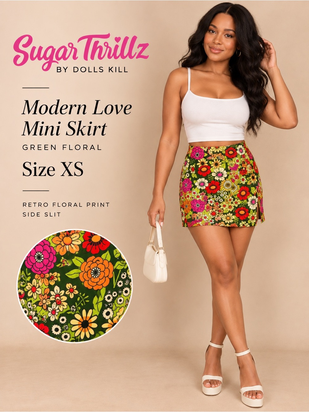 Sugar Thrillz Modern Love Floral Mini Skirt Green Retro 70s XS